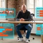Person am Laptop mit Kamera-Setup und halbtransparenten UI-Elementen zeigt Videoproduktion für KMU mit Kosten-Balken, Ti