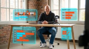 Person am Laptop mit Kamera-Setup und halbtransparenten UI-Elementen zeigt Videoproduktion für KMU mit Kosten-Balken, Ti