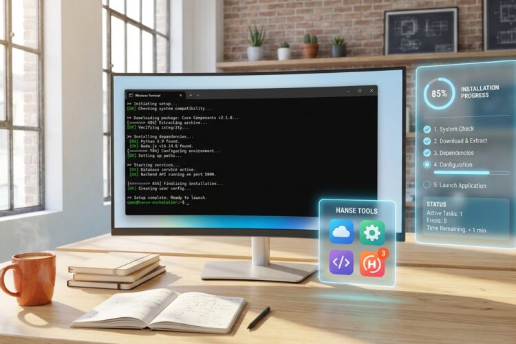 Windows-Terminal zeigt Claude Code Setup-Prozess auf Windows 365 mit 85% Installationsfortschritt und Abhängigkeitsprüfu