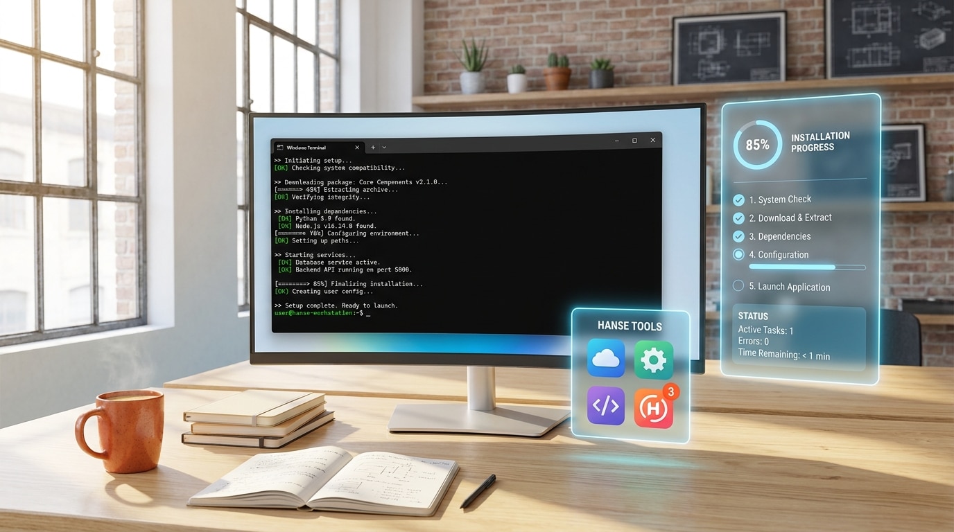 Windows-Terminal zeigt Claude Code Setup-Prozess auf Windows 365 mit 85% Installationsfortschritt und Abhängigkeitsprüfu