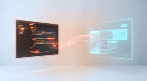 Claude Code Editor zeigt Quellcode und generiert gleichzeitig UI-Design-Komponenten mit Wireframes