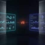Fable 5.1 vs Astra 6 Vergleich: zwei schwebende holographische UI-Panels mit Neon-Rahmen, Fable in Cyan links, Astra in