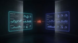 Fable 5.1 vs Astra 6 Vergleich: zwei schwebende holographische UI-Panels mit Neon-Rahmen, Fable in Cyan links, Astra in