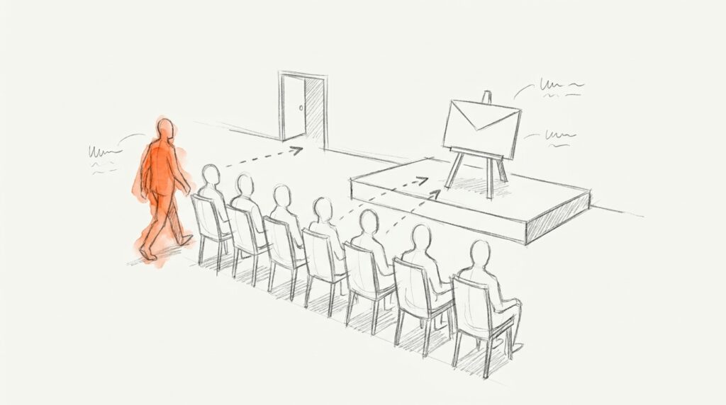 Bleistiftskizze: Sieben Sitzende vor einer Bühne mit Briefumschlag auf Staffelei, eine orange Figur verlässt die Reihe, als Bild für die Abmelderate