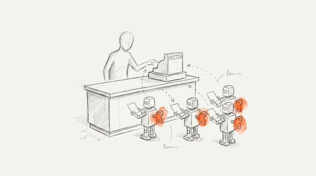 Bleistiftskizze: Vier gleiche Aufziehroboter halten vor einer Ladentheke mit Kasse Zettel hoch, ihre Aufziehschlüssel orange, als Bild für Werbebetrug