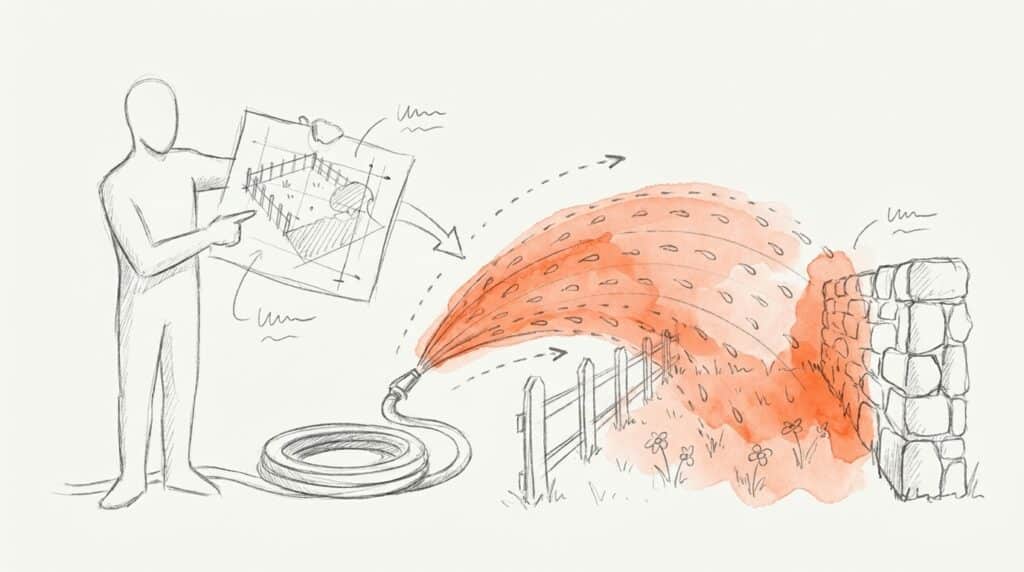 Bleistiftskizze: Figur zeigt auf Gartenplan, ein Schlauch sprüht einen orangen Wasserfächer über den Zaun bis zur Steinmauer, als Bild für Advantage+ Audience