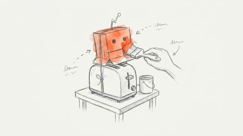 Bleistiftskizze: Ein Toaster mit festgebundenem Roboterkopf aus Pappe, den eine Hand orange anstreicht, daneben ein Farbeimer, als Bild für Agent Washing