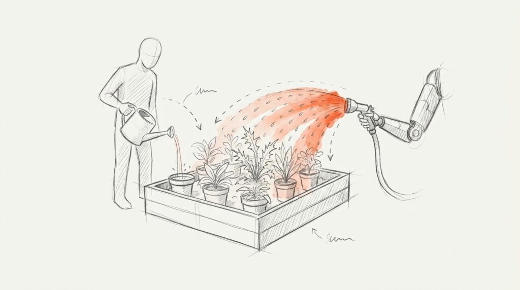 Bleistiftskizze: Person gießt einen Topf gezielt, ein Roboterarm sprüht einen orangen Wasserfächer über alle Pflanzen samt Unkraut, als Bild für AI Max