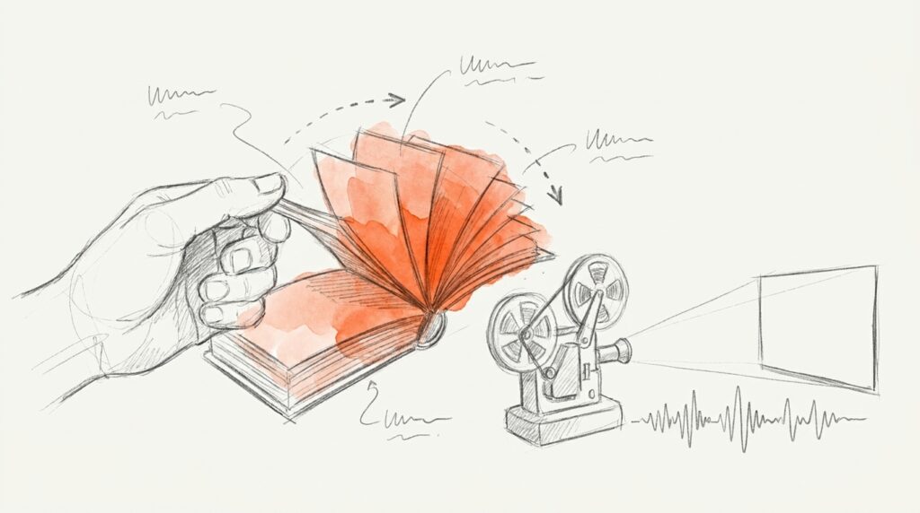 Bleistiftskizze: Hand blättert ein Daumenkino mit orangen Seiten auf, daneben projiziert ein Filmprojektor auf eine Leinwand, als Bild für Animatic
