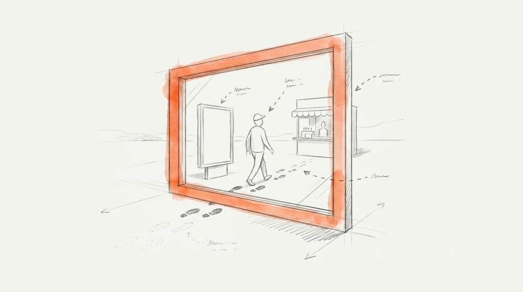 Bleistiftskizze: Orangefarbener Rahmen umfasst Weg einer Figur vom Plakat zum Verkaufsstand, Spuren außerhalb verblassen, als Bild fürs Attributionsfenster