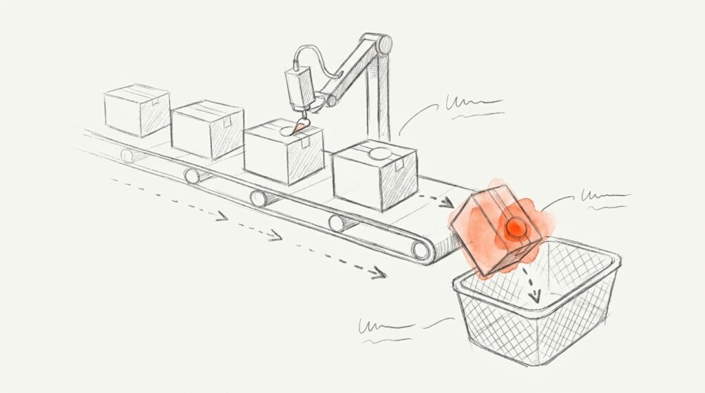 Bleistiftskizze: Ein Roboterarm beklebt Pakete auf einem Förderband, das orange markierte Paket mit Etikett fällt in einen Korb, als Sinnbild für Auto-Tagging