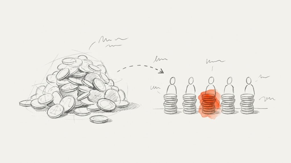 Bleistiftskizze: Ein Münzhaufen wird per Pfeil auf fünf gleiche Stapel vor fünf Figuren verteilt, der mittlere Stapel orange, als Bild für ARPU