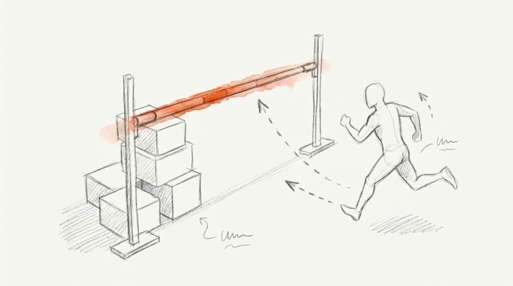 Bleistiftskizze: Orangefarbene Hochsprunglatte auf zwei Ständern, links von Kisten gestützt, rechts läuft eine Figur an, als Bild für die ROAS-Schwelle