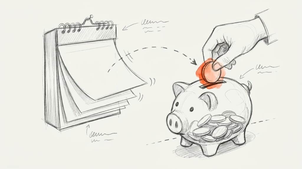 Bleistiftskizze: Kalender mit umblätternden Seiten, Hand steckt orange Münze ins Sparschwein voller Münzen, als Bild für CAC-Payback