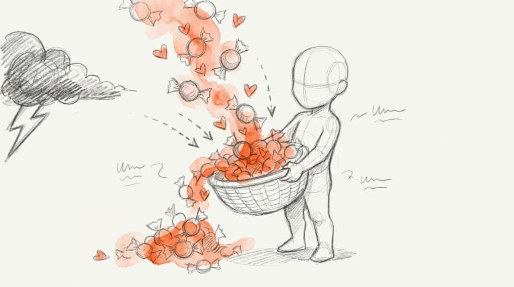 Bleistiftskizze: Figur fängt orange hervorgehobene Bonbons und Herzen in einem überquellenden Korb auf, links eine Gewitterwolke, als Bild für Candystorm
