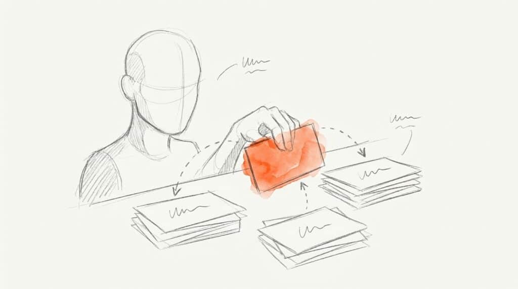 Bleistiftskizze: Gesichtslose Figur hält eine orange Karte über drei Kartenstapel, Pfeile verbinden sie mit den Stapeln, als Bild für Card Sorting
