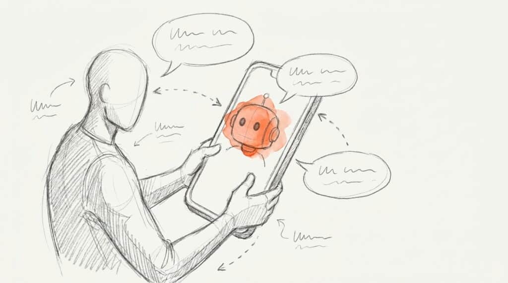 Bleistiftskizze: Gesichtslose Figur hält ein großes Smartphone mit orange hervorgehobenem Roboterkopf, umgeben von Sprechblasen, als Bild für Chatbot-Dialoge