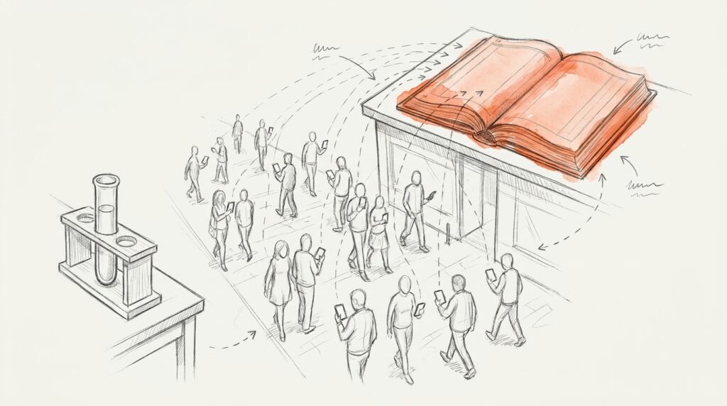 Bleistiftskizze: Linien führen von Passanten mit Smartphones zu einem orangen offenen Buch auf einem Dach, links ein Reagenzglas, als Bild für Felddaten