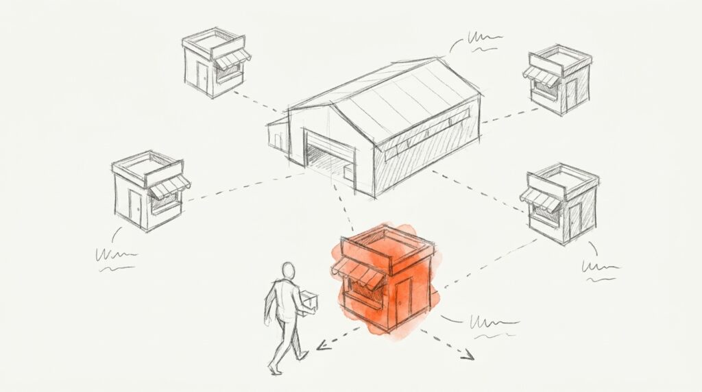 Bleistiftskizze: Lagerhalle, gestrichelt mit fünf Kiosken verbunden, Person mit Paket am nächsten, orange markierten Kiosk, als Bild für ein CDN