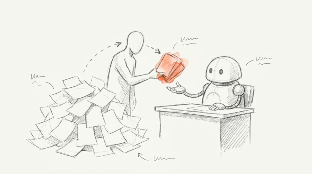 Bleistiftskizze: Figur vor großem Papierberg reicht einem Roboter am Tisch nur wenige orange hervorgehobene Blätter, als Bild für gezielte Kontextauswahl