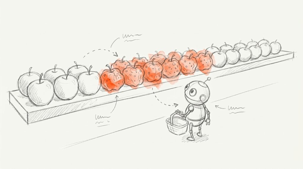 Bleistiftskizze: Roboter mit leerem Korb vor langer Apfelreihe, die verschrumpelten Äpfel in der Mitte orange markiert, als Bild für Context Rot