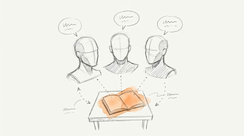 Bleistiftskizze: Drei Büsten mit gleichen Sprechblasen, verbunden mit einem orange markierten offenen Buch auf einem Tisch, als Bild für Corporate Language