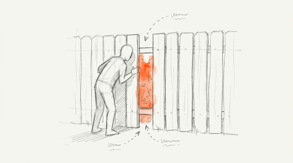 Bleistiftskizze: Figur späht durch eine Lücke im Holzzaun auf einen orange hervorgehobenen Gartenausschnitt, als Bild für die Neugier-Lücke