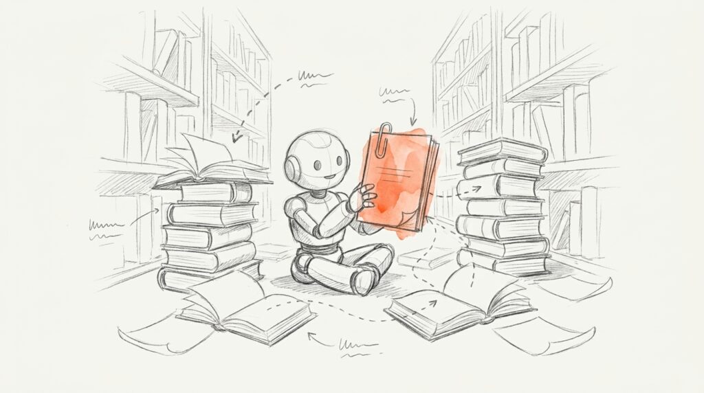 Bleistiftskizze: Roboter zwischen Bücherstapeln hält orange hervorgehobenen Bericht, gestrichelte Linien führen von Büchern dorthin, als Bild für Deep Research