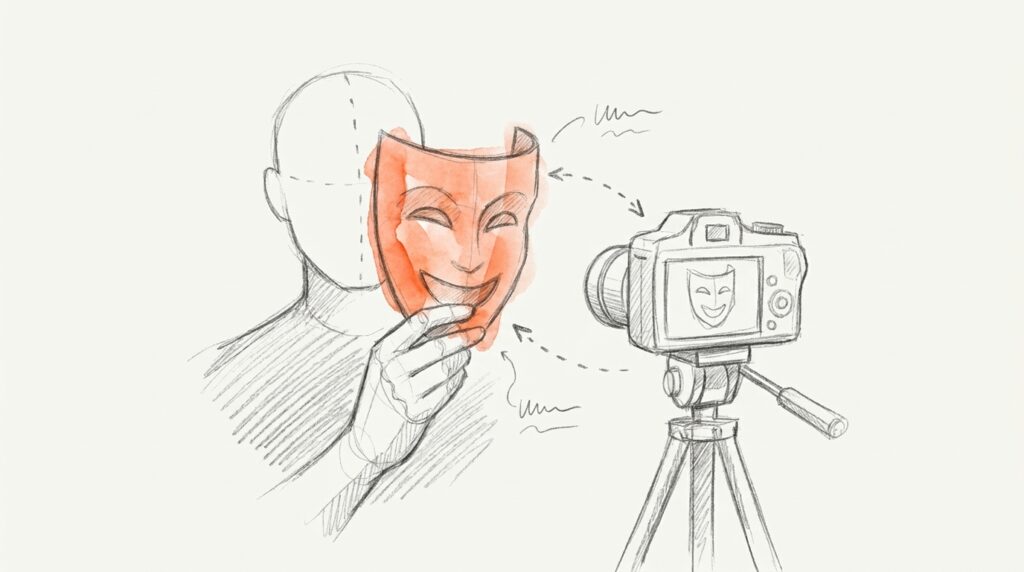 Bleistiftskizze: Eine Hand hält eine orange lachende Maske vor einen gesichtslosen Kopf, die Kamera auf Stativ zeigt nur die Maske, als Bild für Deepfakes
