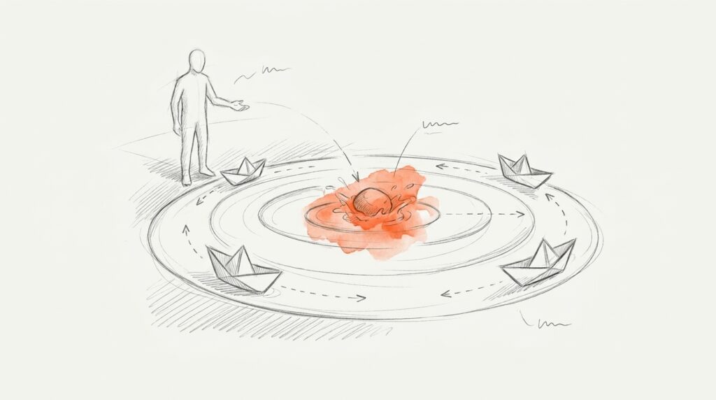 Bleistiftskizze: Eine Figur wirft einen orange hervorgehobenen Stein in einen Teich, dessen Wellen vier Papierboote erreichen, als Bild für Digital PR