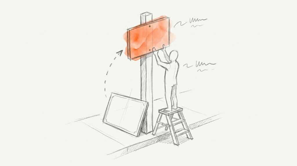 Bleistiftskizze: Person auf Trittleiter montiert ein neues, orange hervorgehobenes Schild an einen Pfosten, das alte lehnt unten, als Bild für DDG statt TMG