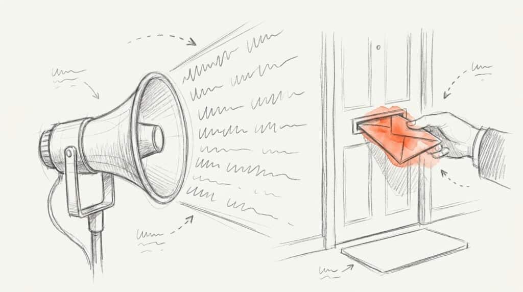 Bleistiftskizze: Megafon beschallt leeren Raum, daneben steckt eine Hand einen orange hervorgehobenen Brief in den Türschlitz, als Bild für Direktmarketing