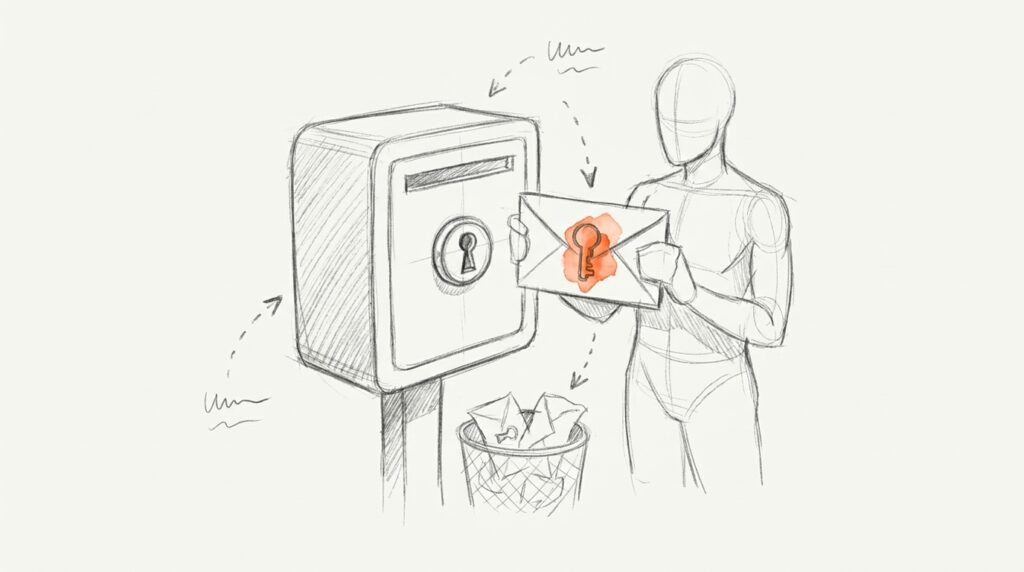 Bleistiftskizze: Figur hält Umschlag mit orangem Schlüsselsiegel vor Briefkasten mit Schlüsselloch, Papierkorb mit zerknüllten Umschlägen, als Bild für DMARC