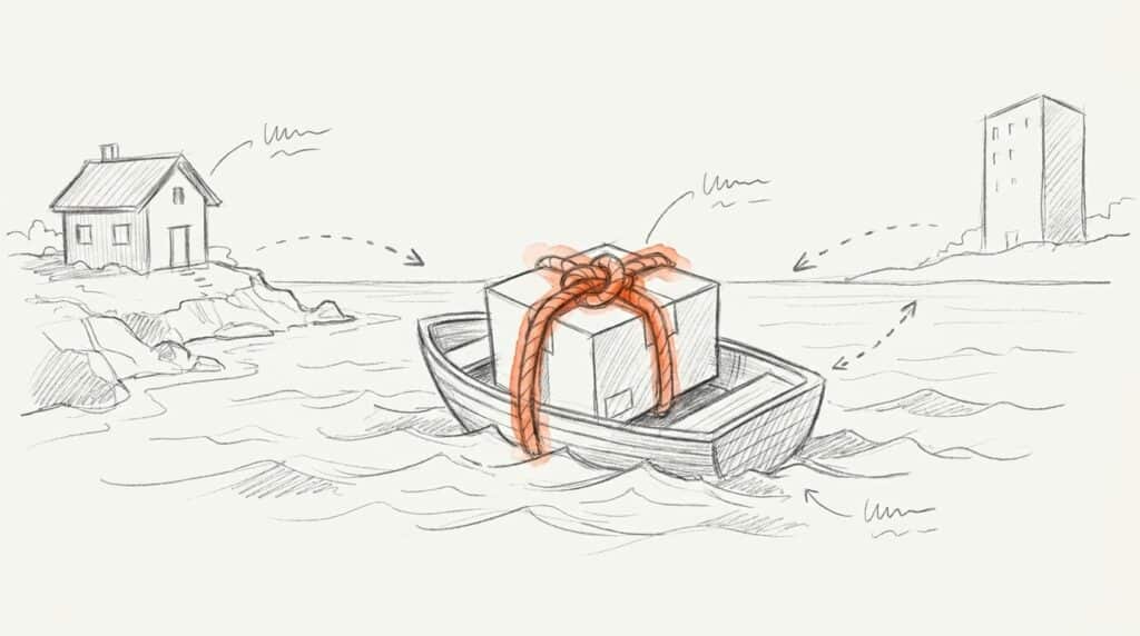 Bleistiftskizze: Ruderboot mit Karton zwischen Küste mit Haus und Küste mit Hochhaus, orange das Seil mit Knoten, als Bild für Datenweg ins Drittland