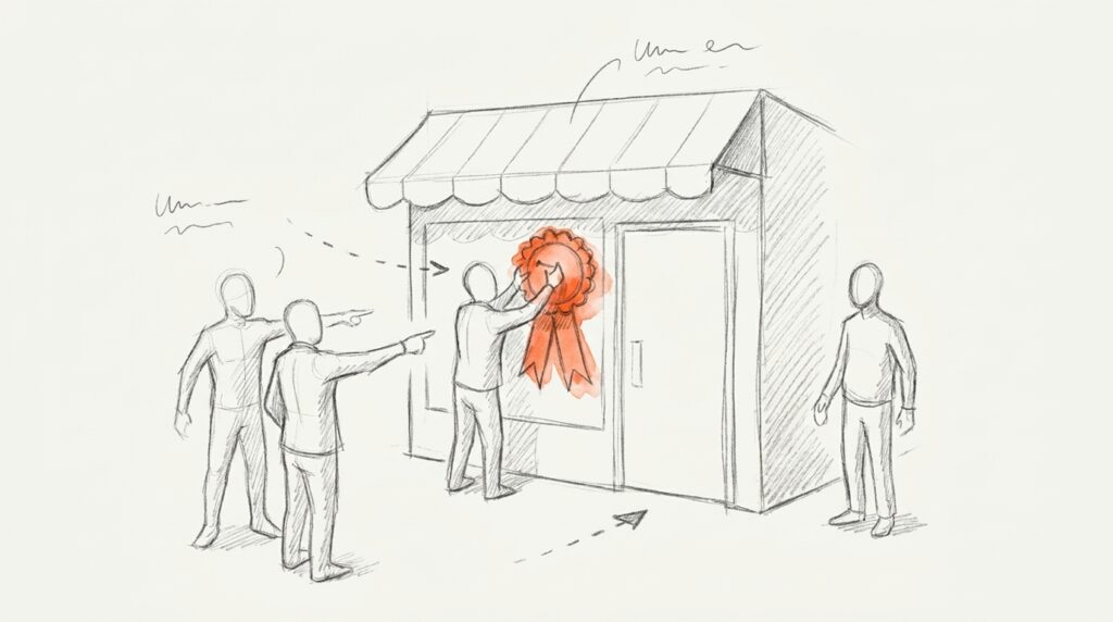 Bleistiftskizze: Zwei Personen zeigen auf einen Laden, eine dritte heftet eine orange Rosette ans Fenster, der Inhaber schaut zu, als Bild für Earned Media