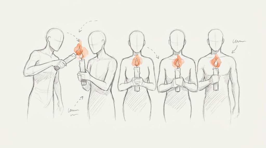 Bleistiftskizze: Eine Figur entzündet die Kerze der nächsten, vier halten brennende Kerzen, Flammen orange, als Bild für geteilte Reichweite