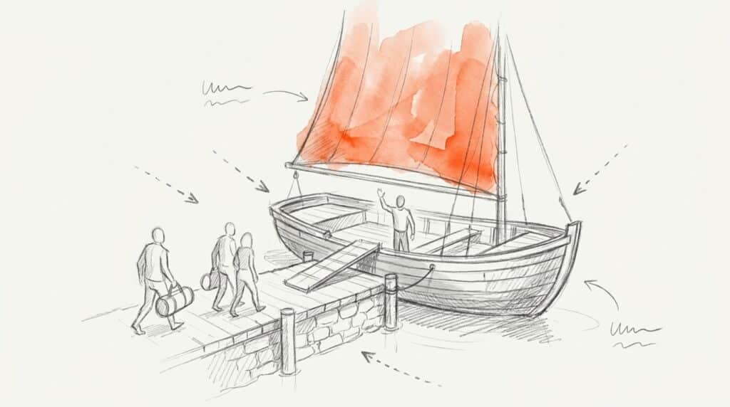 Bleistiftskizze: Drei Personen mit Taschen gehen über einen Steg zu einem Segelboot, an Deck winkt eine Person, Segel orange, als Bild für Employer Branding