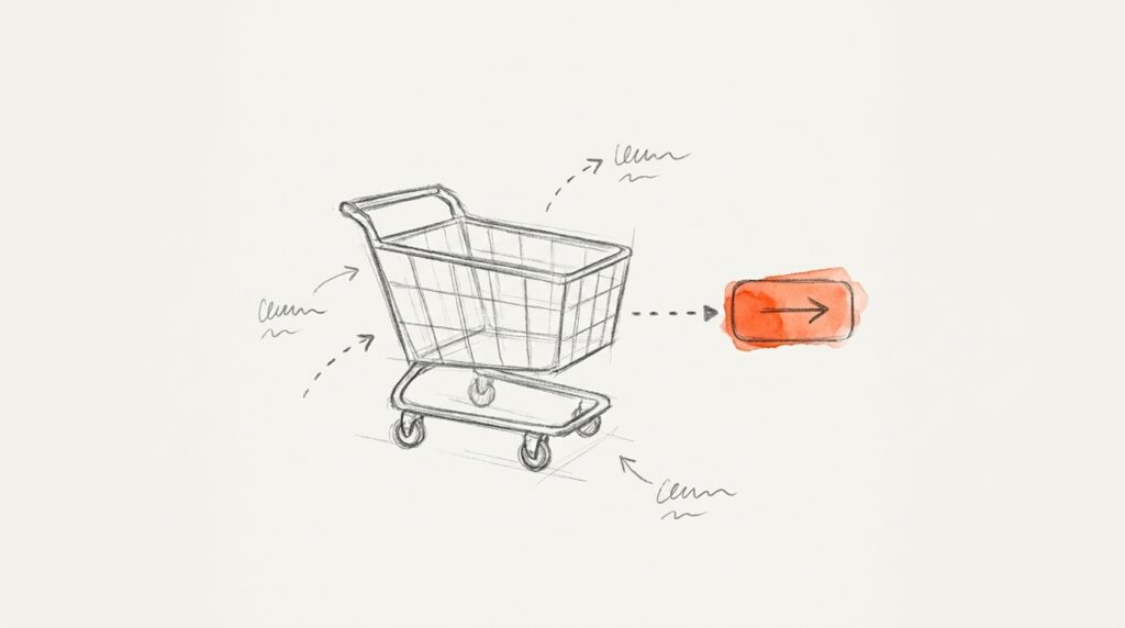 Bleistiftskizze: Leerer Einkaufswagen; eine gepunktete Linie führt zu einer orange hervorgehobenen Schaltfläche mit Pfeil, als Bild für einen Empty State
