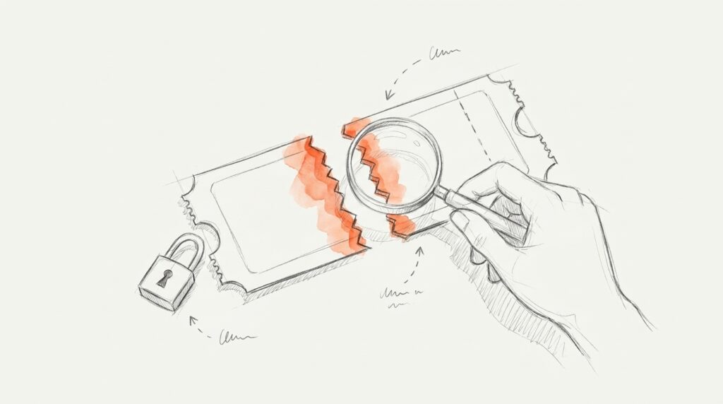 Bleistiftskizze: Hand hält Lupe über die orange markierten, passenden Risskanten eines Tickets, daneben ein Schloss, als Bild für erweiterte Conversions