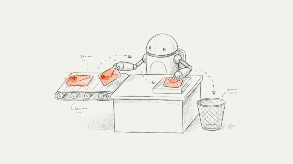 Bleistiftskizze: Roboter legt von zwei gleichen orangen Sternumschlägen einen in die Ablage, der andere geht in den Korb, als Bild für Deduplizierung