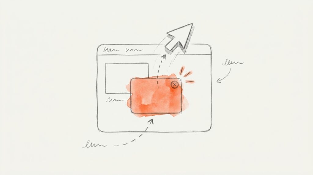 Bleistiftskizze: Mauszeiger fährt aus einem Browserfenster nach oben, mittig erscheint eine orange Karte mit Schließen-Knopf, als Bild für Exit-Intent-Popups