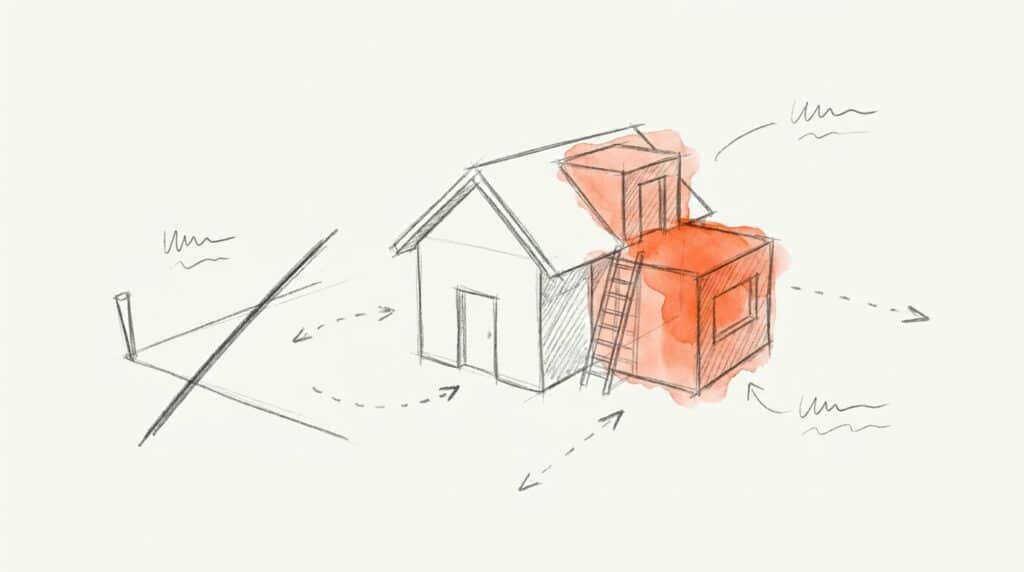Bleistiftskizze: Haus mit orangem Anbau und Aufstockung samt Leiter, links durchgestrichenes leeres Grundstück, als Bild für Umsatz aus Bestandskunden