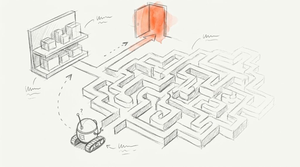 Bleistiftskizze: Vom Regal führt ein kurzer Weg zur offenen orangen Tür, daneben ein riesiges Labyrinth mit zögerndem Roboter als Bild für Facettennavigation