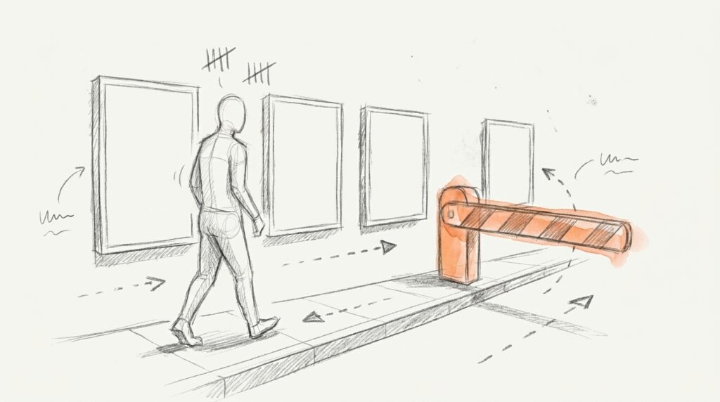 Bleistiftskizze: Person läuft an vier leeren Plakaten vorbei, über ihr Strichlisten, vor dem vierten Plakat eine orange Schranke als Bild für Frequency Capping