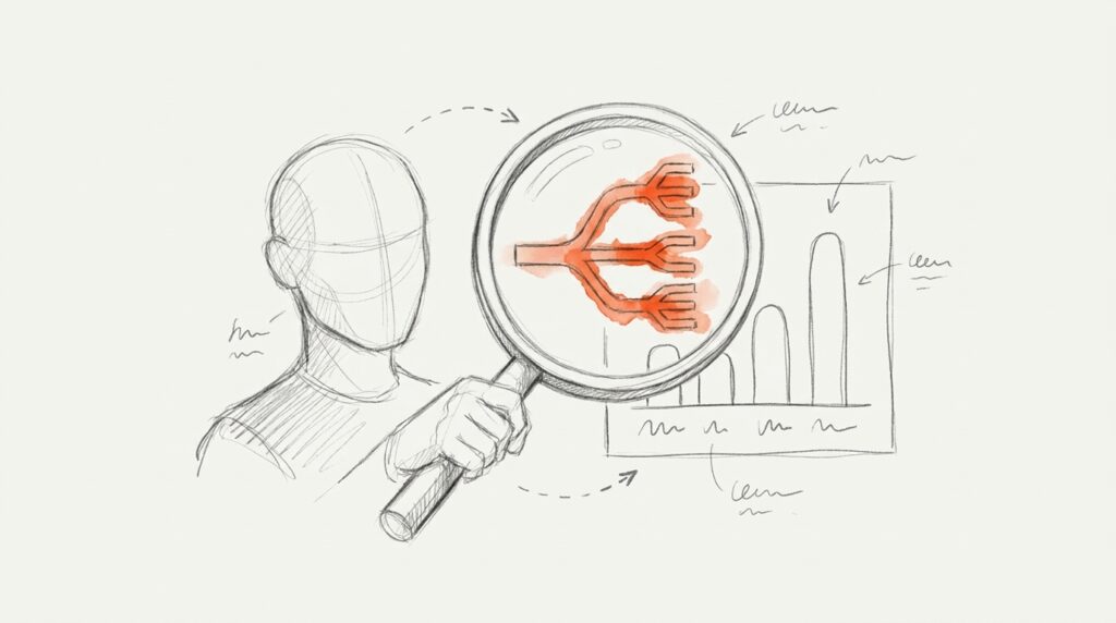Bleistiftskizze: Figur hält eine Lupe vor ein Balkendiagramm, darin eine orange Linie, die sich baumartig verzweigt, als Bild für GA4 Explorationen