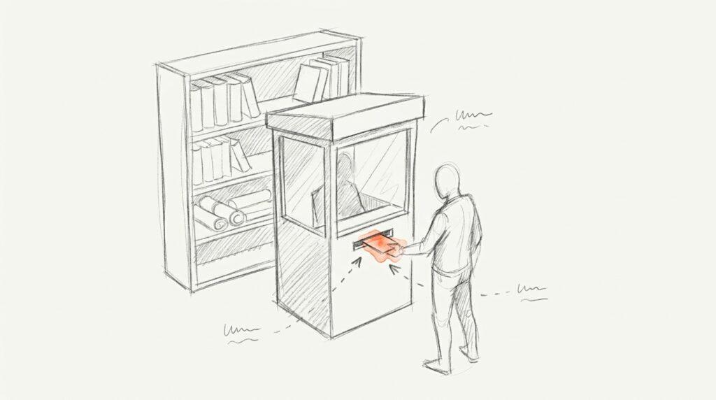 Bleistiftskizze: Besucher schiebt eine orange Karte durch den Schlitz eines besetzten Schalters, dahinter ein Bücherregal, als Bild für Gated Content