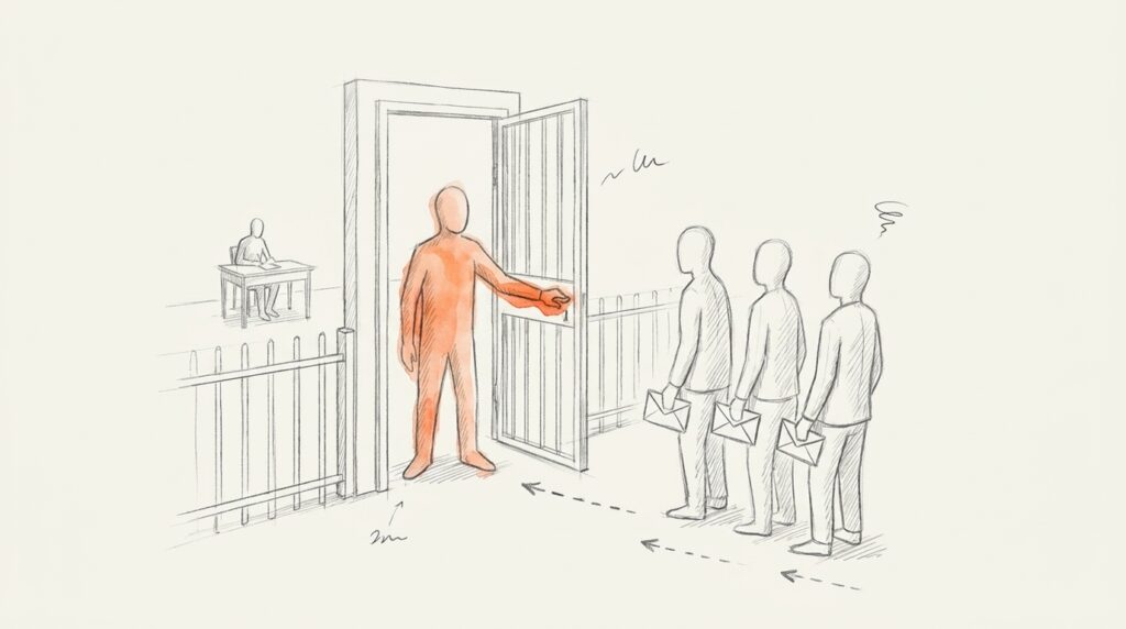 Bleistiftskizze: Orange Person hält ein halb offenes Tor, davor warten drei Personen mit Briefen, hinten jemand am Schreibtisch – als Bild für den Gatekeeper