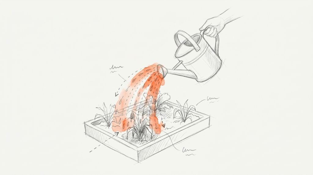 Bleistiftskizze: Eine Hand gießt mit einer Gießkanne ein Beet, der orange Wasserstrahl trifft immer wieder die mittleren Pflanzen, als Bild für GRP