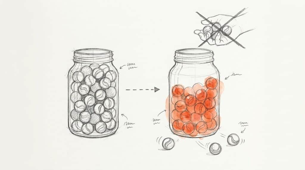 Bleistiftskizze: volles Murmelglas, dann dasselbe Glas mit Lücke und orangen Restmurmeln, drei rollen weg, Hand mit Murmeln durchgestrichen, als Bild für GRR