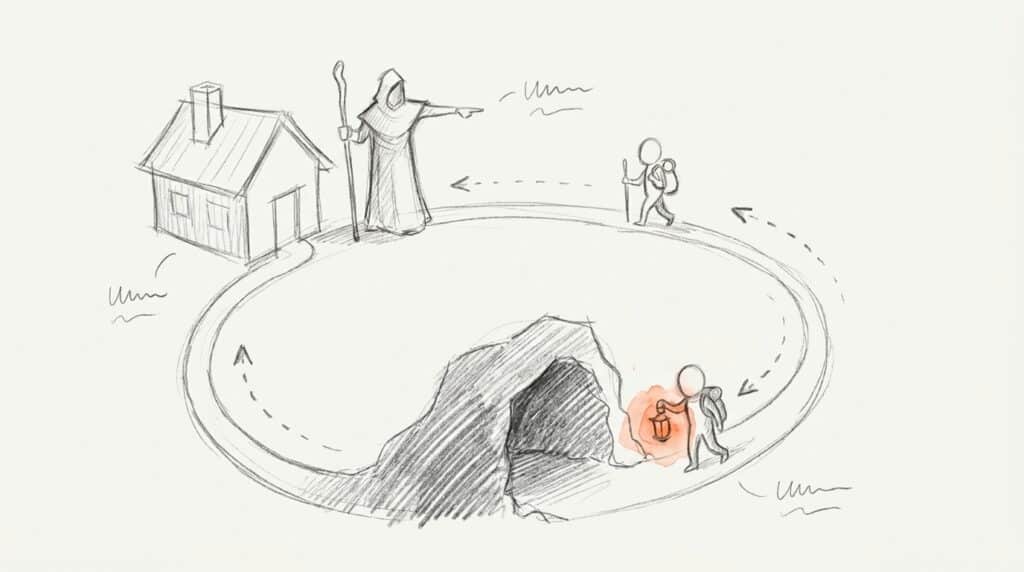 Bleistiftskizze: Kleine Figur wandert auf einem Rundweg vom Haus mit zeigendem Mentor zur Höhle, orange ihre Laterne, als Bild für die Heldenreise
